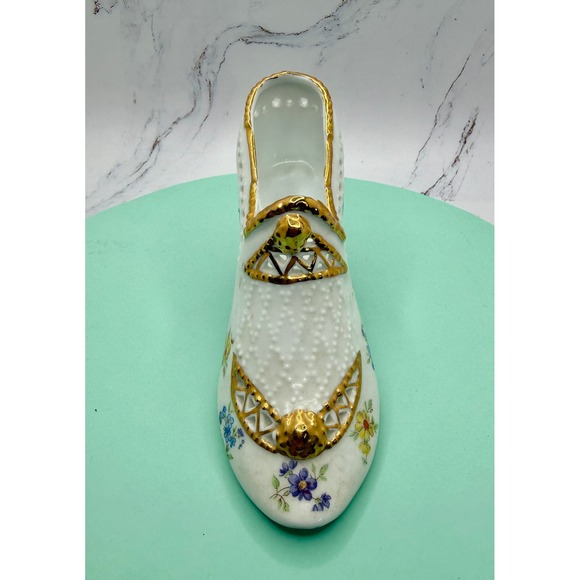 White Porcelain High Heel Shoe Trinket Dish Floral Gold Trim Vintage Decor - Picture 4 of 9